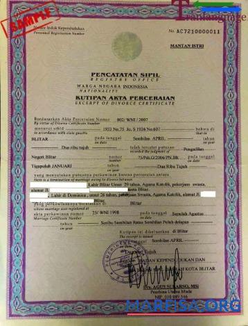 Realistic Indonesia Register of Blitar divorce certificate example